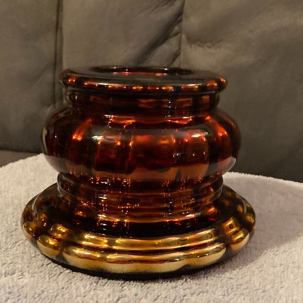 Department 56 Artisan Hand Blown Pillar Candle Holder-4" Pedestal-Amber&Gold-EUC